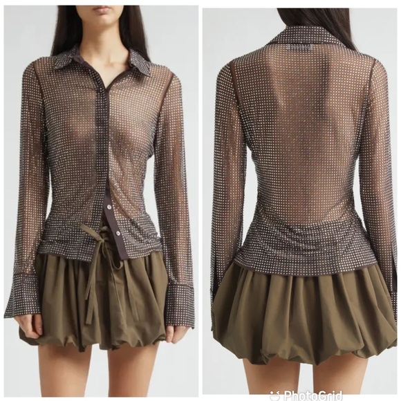 MONSE Tops - Monse Crystal Embellished Button-Up Shirt in Teak/ Silver New with Tags!